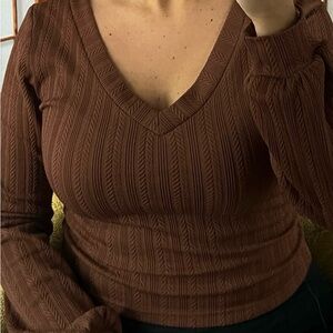 Chic Brown V-Neck Ribbed Top